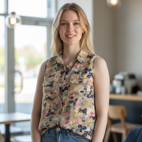 XPL Women's tan floral linen blend sleeveless button up size M casual mature - Picture 1 of 7